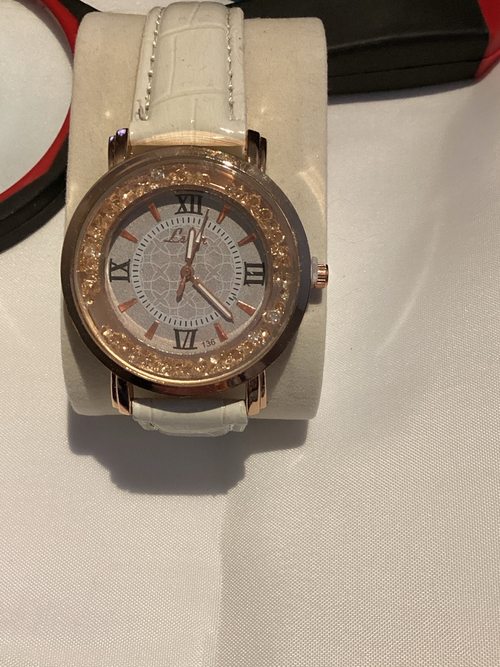 White Strap Women's Watch with Rose Gold Crystal Bezel